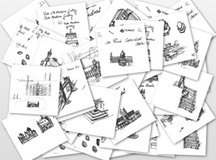 Sketches of individual buildings used in Wellington Travel's Grand Map of London